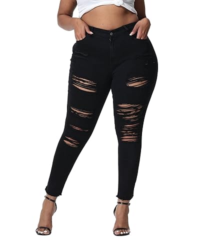 Gocolloa Womens Plus Size Skinny Jeans Stretchy High Waisted Ripped Distressed Ankle Jean - 18 Plus - Black-057
