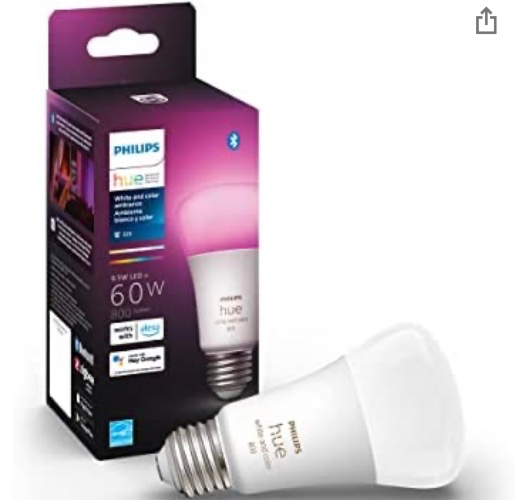 Amazon.com: Philips Hue White and Color Ambiance A19 E26 LED Smart Bulb, Bluetooth & Zigbee Compatible (Hue Hub Optional), Works with Alexa & Google Assistant – A Certified for Humans Device
