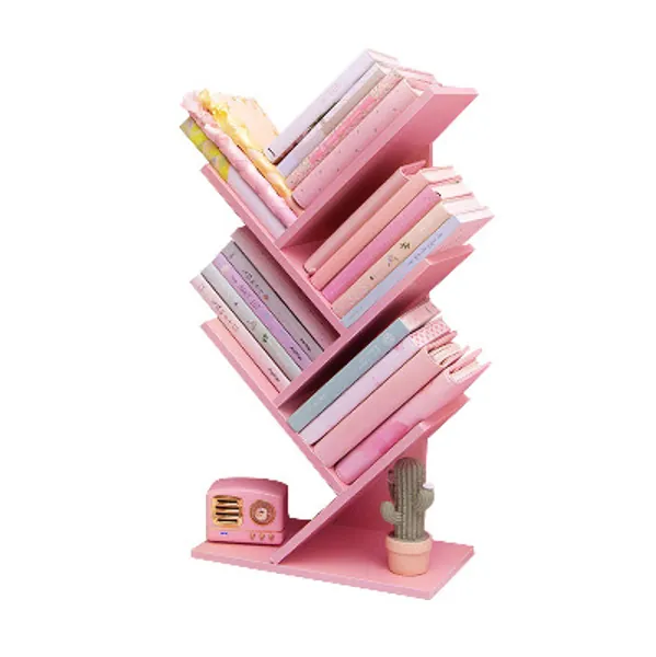NW 1776 Tree Bookshelf，4-Layer Floor Standing Bookshelf，The Desktop Bookshelf Can Hold Books，Magazines, CDs and Photo Albums，Desktop Organizer，Office Storage Rack Real Wooden Bookshelf，Pink