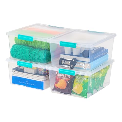 IRIS USA 12 Qt. Large Deep Clip Box, 4 Pack, Clear Plastic Storage Container Bins with Latching Lids, Organizer Solution for Home, Office and Classroom, Stackable Nestable, Seafoam Blue Buckles - w/o Handle - Clear/Seafoam Blue - 12 Qt. - 4 Pack