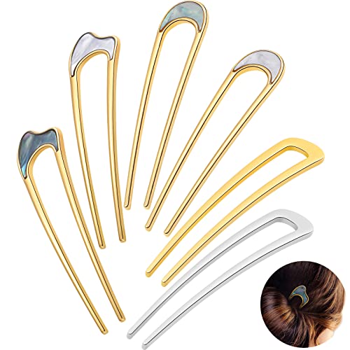 Canlierr 6 Pieces Simple Metal U Shaped Hair Pin French Style Hairpins Fork Sticks 2 Prong Updo Chignon Pins Hair Accessories for Long Hair Women Girls