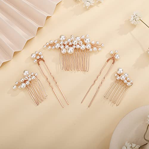 Teyglen Pearl Bride Wedding Hair Comb Pearl Hair Pins Bridal Rose Gold Hair Pieces Headpieces Vintage Hair Accessories Jewelry Set for Women Girl(Set of 5) (Rose Gold) - Rose Gold