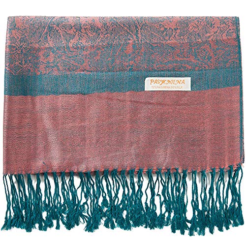 Becolored Paisley Pashmina Silk Scarf Shawl Jacquard Cashmere Wrap Stole Two Tones Reversible - Rose/Teal