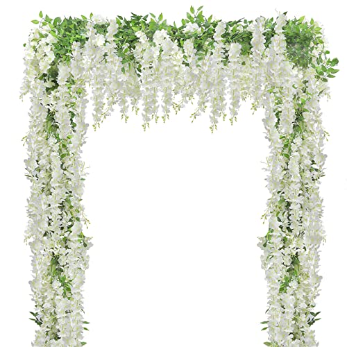 U'Artlines 5Pcs 7.2Ft/Piece Artificial Wisteria Garland Silk Fake White Wisteria Flowers Hanging Greenery Vines Garlands Rattan for Home Garden Wedding Arch Party Indoor Outdoor Decor - White - 5