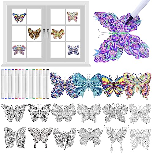 woclsnow 24 Pieces Butterfly Window Clings, Color Your Own Stained Glass Butterfly Window Clings and Markers, for Teens & Adults, 24 Suncatchers and 14 Markers for Arts and Crafts DIY Kit - Butterfly