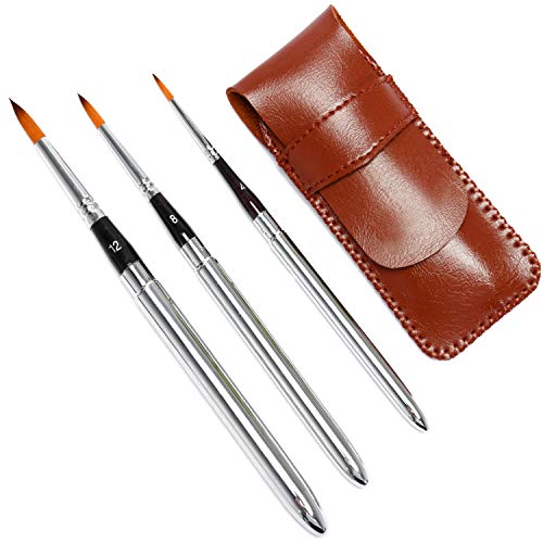 Travel Watercolor Brushes, Round Extra Long Synthetic Sable Pocket Paint Brushes with Protective Case Handle, Perfect for Watercolor Acrylics Gouache Ink 3pcs