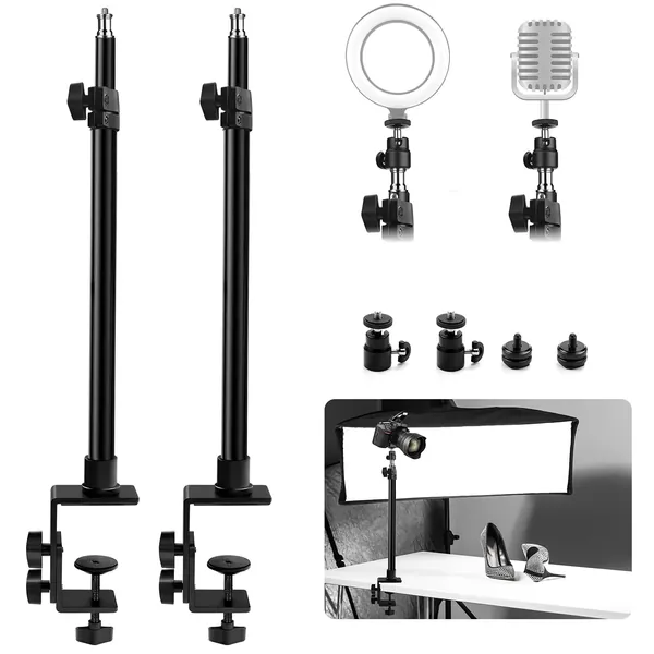 Obeamiu 2 Pack C Clamp Desk Mount Light Stand with 1/4" Ball Head and Hot Shoe Mount Adapter, 15.5-25.5 Inch Adjustable Tabletop Bracket Stand for DSLR Camera, Ring Light, Video Monitor, Microphone - 15.5-25.5 Inch