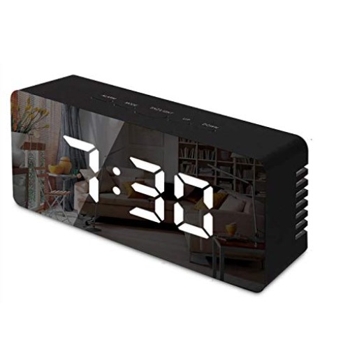 FXDM Digital Mirror Alarm, LED Bedside Clock with Temperature, Snooze,voice Control Makeup Mirror Adjustable Brightness Clock-Black, One Size (F05)