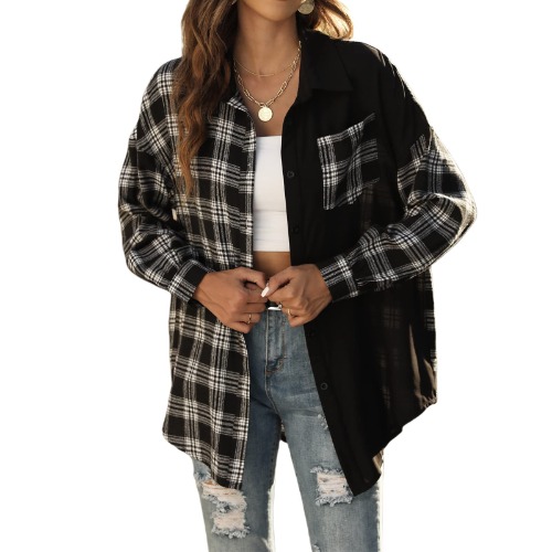 FeMereina Womens Flannel Plaid Shirts Oversized Button Down Lapel Collar Color Block Long Sleeve Shirts Blouse Tops - Black - L
