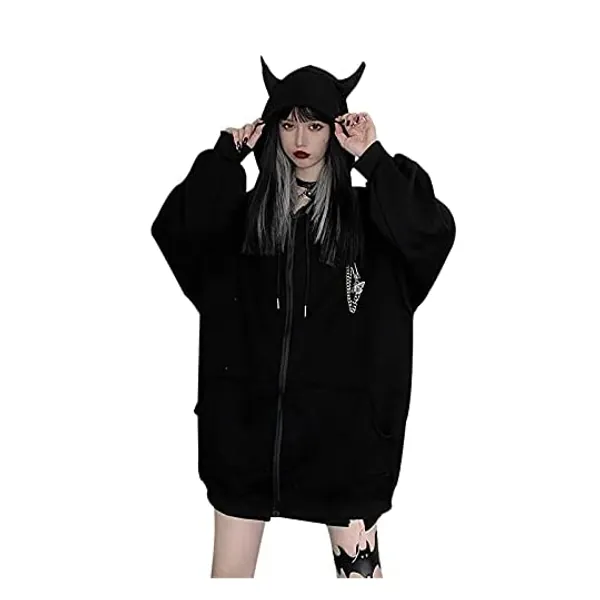 
                            Women's Devil Horn Butterfly Brooch Chain Hoodies Oversized Harajuku Zipper Sweatshirt Pullover Tops
                        