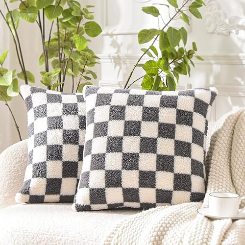 WACOMECO Decorative Throw Pillow Covers - Soft Sherpa Checkerboard Cushion Covers Faux Fur Pillow Cases for Sofa Bedroom Livingroom Car, 18 x 18 in, Grey and Off White - Grey/ Off White - 18" x 18" (Pack of 2)