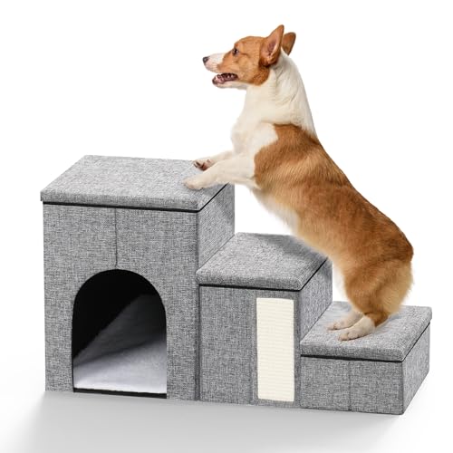 Colewin Dog Stairs for Small Dogs,Non-Slip Dog Steps for Bed and Couch,Dog Ramp for Bed with Storage and Condo,3 Steps Pet Stairs for Small/Medium/Large Dog
