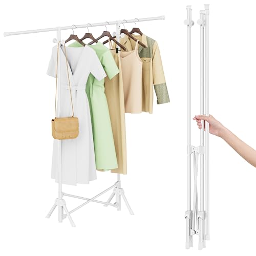 Runsand No Installation Clothes Rack,Portable Folding Carbon Steel Garment Rack - Versatile Heavy Duty Coat Rack with 4 hooks for Indoor and Outdoor Use - great for Home, Camping,Travel (White) - White