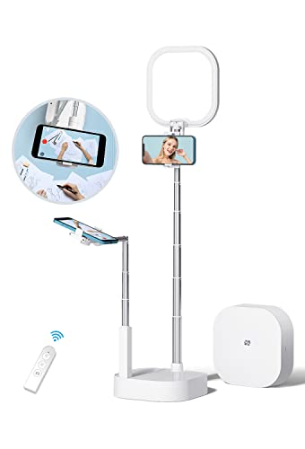 yAyusi Phone Stand for Recording, Overhead 360° Rotation with Two Phone Holders, Content Creator Kit, Rechargeable Adjust Foldable 15 Brightness LED Light for Live Streaming/YouTube/Video Recording