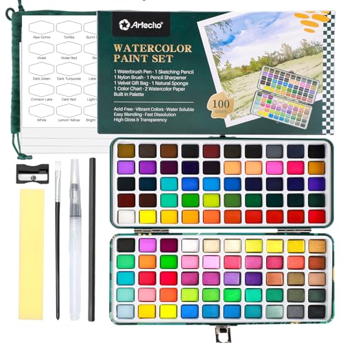 Artecho Watercolor Paint Set 100 Colors in Portable Box, Travel Watercolor Set with Watercolor Papers and Brushes, Water Color Kit for Beginners & Professionals - 100 Colors