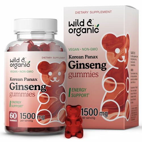 Wild & Organic Korean Panax Red Ginseng Gummies 1500 mg - Energy & Brain Supplements Gummy Vitamins - Immune Support Vegan Supplement - 60 Chews
