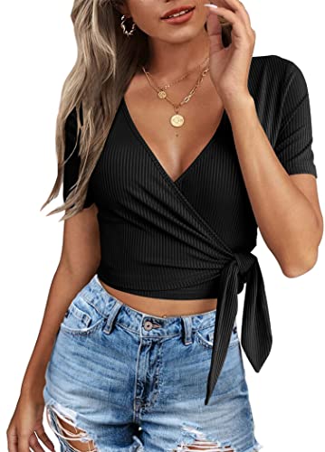 Crop Tops for Women Summer Cute Tops with Deep V Neck Shirts Sexy Unique Cross Wrap Slim Fit Tie Up Front Short Sleeve - 101-black - X-Large