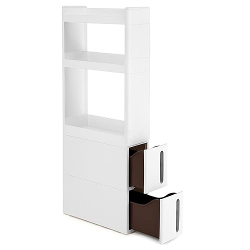 SONGMICS Narrow 3 Shelves 2 Drawers Recess Cabinet with Wheels for Kitchen Bathroom and Cellar 17cm Wide White KFR06WT - 45 x 17 x 106.5 cm