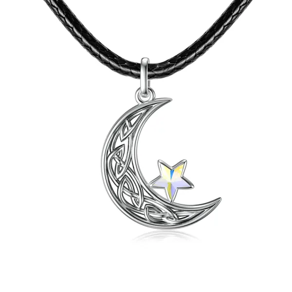 Leather Choker Necklace for Women 925 Sterling Silver Pendant with Crystal from Austria - B-Moon and Star