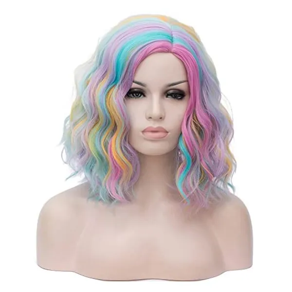 
                            Cying Lin Short Bob Wavy Curly Wig Rainbow Colorful Wig Wig For Women Cosplay Halloween Wigs Heat Resistant Bob Party Wig Include Wig Cap (Rainbow-colored)
                        