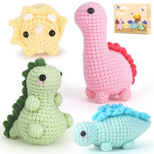 Crochet Kit for Beginners, Beginner Crochet Kit for Adults with Step-by-Step Video Tutorials, DIY Crochet Animal Kits Kids Knitting Supplies, 4 Pack Dinosaurs (40%+ Yarn) - Dinosaur