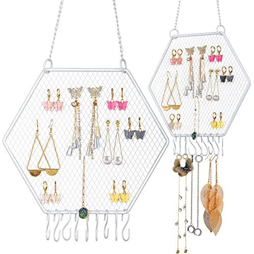 2 Pcs Earring Wall Holder Wall Mounted Earring Organizer Hanging Earring Stand Decorative Diamond Grid Shape Jewelry Display Rack with Hanging Hooks for Earrings Necklace Bracelet (White,Hexagon) - Hexagon - White