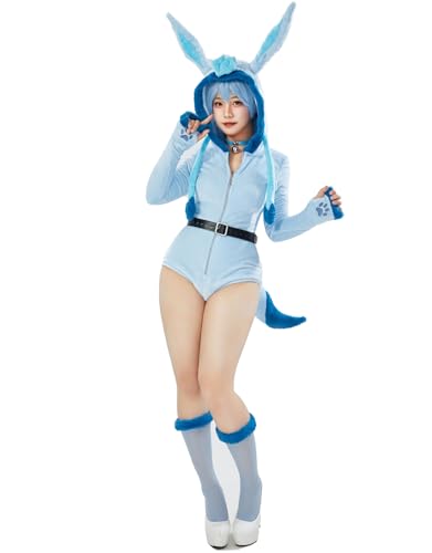 Mobbunny Women Cartoon Anime Style Romper Fuzzy Onesie Pajama Blue Loungewear Fluffy Hooded Homewear Short Jumpsuit - X-Large - Blue
