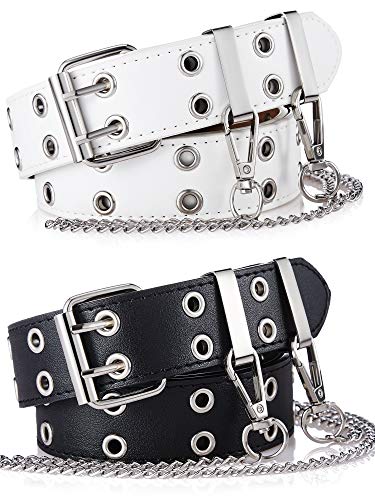 Double Grommet Women Punk Belts Prong Buckle Jeans Waist Belts - White