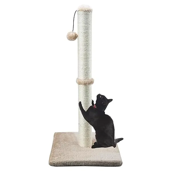Dimaka 34" Tall Ultimate Cat Scratching Post, Claw Scratcher with Sisal Rope and Covered with Soft Smooth Plush, Vertical Scratch [Full Stretch], Modern Stable Design for Cats (Light Brown)