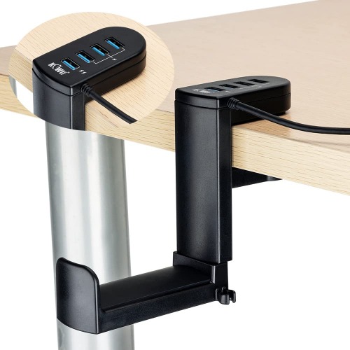KIWIFOTOS Hörlursstativhållare med 360° vridbar headsethängare + justerbar fjäderklämma, skrivbordsspelheadsethållare krokmontering – med USB 3.0 x 1 + USB 2.0 x 3