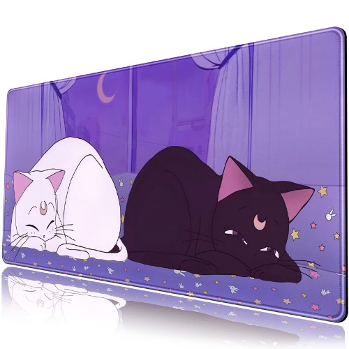 Anime Kawaii skrivbordsmatta söt katt stor musmatta XXL lavendel lila utökad musmatta spel skrivbordsmatta laptop tangentbord musmatta skrivbordsdyna 80 cm x 40 cm halkfri gummibas med sydda kanter - En lila katt