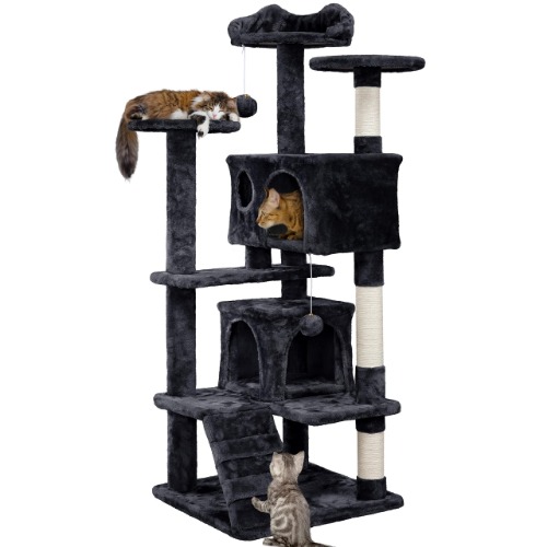 Yaheetech Katt klösträd stabilt klätterträd 139 cm högt klösträd med 3 utsiktsplattformar och 2 kattgrottor, gosiga kattmöbler, svart - 49 x 49 x 139 cm - svart