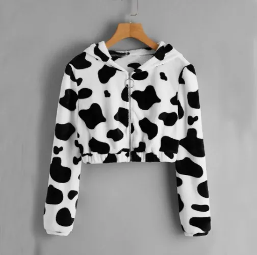 Cow Print Crop Top Hoodie