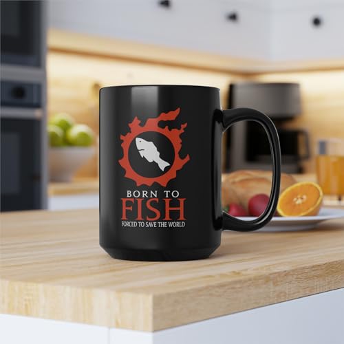 Generic Born to Fish Forced to save the World - Funny FFXIV MMORPG Black Mug, 15 Ounce - 15 Ounce - Black
