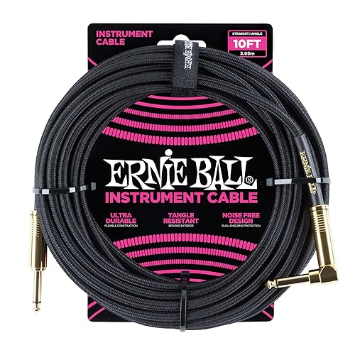 Ernie Ball Braided Instrument Cable, Straight/Angle, 10ft, Black (P06081) - Black - 10ft - Straight/Angle - Cable