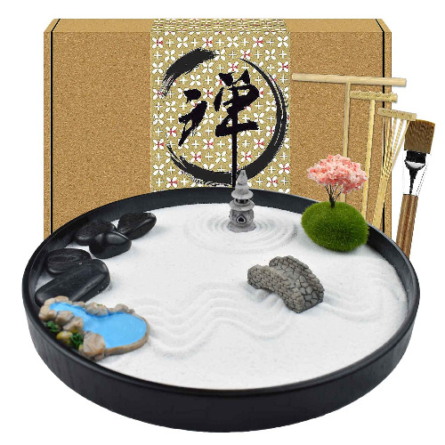 Artcome Japanese Zen Sand Garden for Desk with Rake, Stand, Rocks and Mini Furnishing Articles - Office Table Accessories, Mini Zen Sand Garden Kit - Meditation Gifts - 