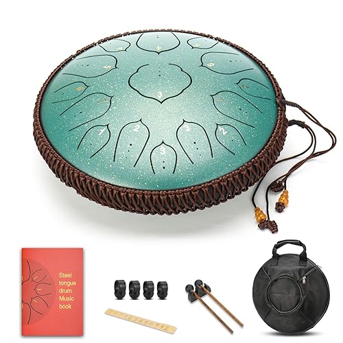 AMKOSKR Stahlzungentrommel, 14 Zoll 35 cm Steel Tongue Drum, D-Dur 15 Noten, Handtrommel HandPan Drum mit Drumsticks/Tragetasche(Grün) - 14 Zoll 15 Töne - Grün