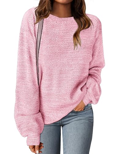 MEROKEETY Women's 2024 Fall Oversized Pullover Sweater Trendy Crew Neck Long Sleeve Heathered Knit Jumper Tops - Small - Pink