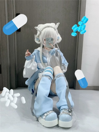 Oversize Jirai Kei Hoodie Set Blue Black Sports Coat Set | L / Water blue leg warmers with reflective stripe