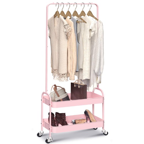 KINGRACK 2-in 1 Garment Rack, Clothing Rack with 2 Tier Metal Basket, Rolling Storage Cart Clothes Organizer Coat Rack Storage Stand on Wheels, for Home Bedroom Laundry Small Place Entryway, Pink - PINK