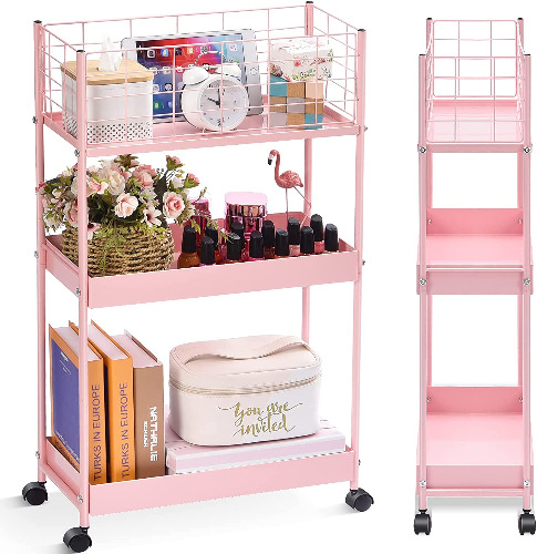 KINGRACK Slim Storage Rolling Cart,3-Tier Metal Utility Cart,Slide Out Storage Cart,Makeup Lash Cart,Rolling Storage Cart Pink for Bathroom Laundry Room Bedroom - Pink