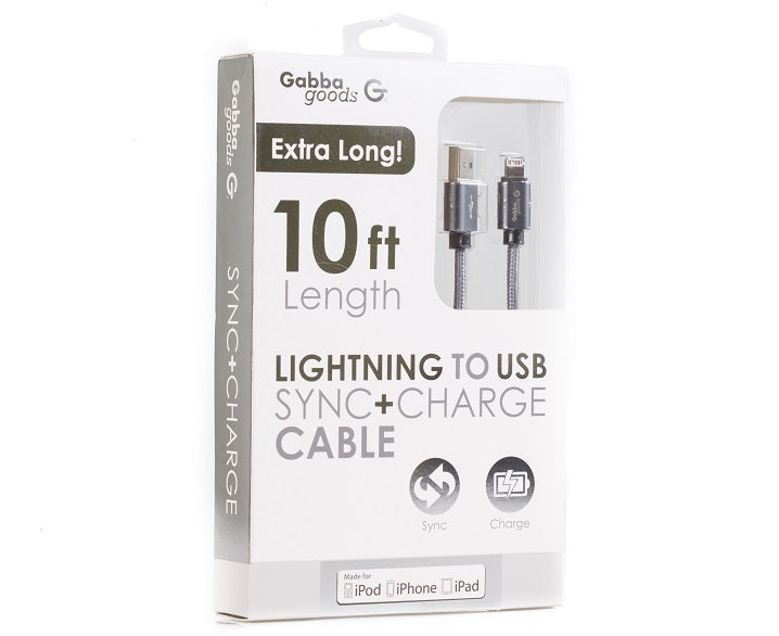 GabbaGoods MFI certified Metallix 10-Ft Sync and Charge Lightning Cables - Silver
