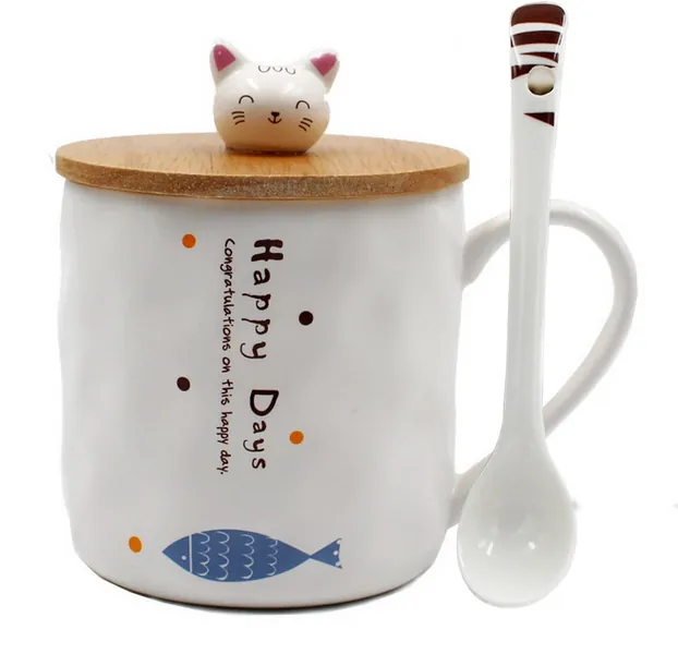 123Arts 3D Japanese Cat Ceramics Coffee Mug Teacup with Lid and Spoon (D)