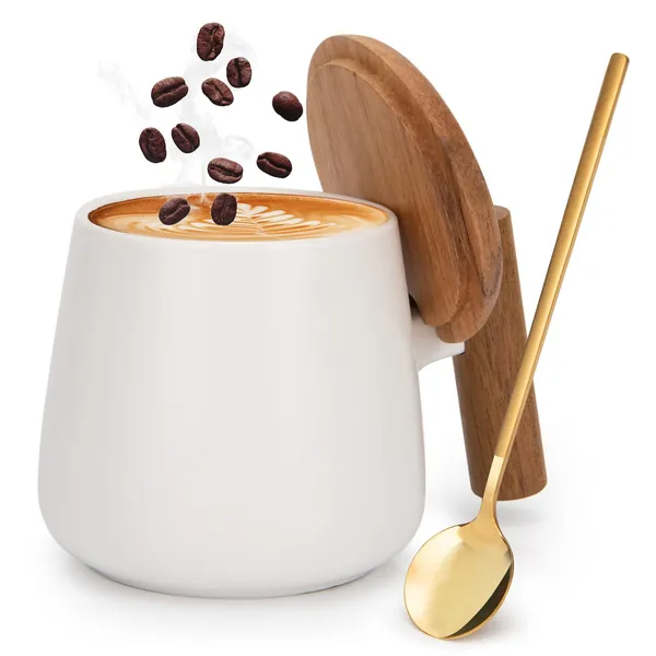 GOOD ALWAYS Ceramic Coffee Mug, Tea Cup for Office and Home, 14 Oz Coffee Cup with Lid and Coffee Spoon, Fathers day, Birthday Gifts for Women/ Men/ Mom/ Dad, 1 Pack (White) - White