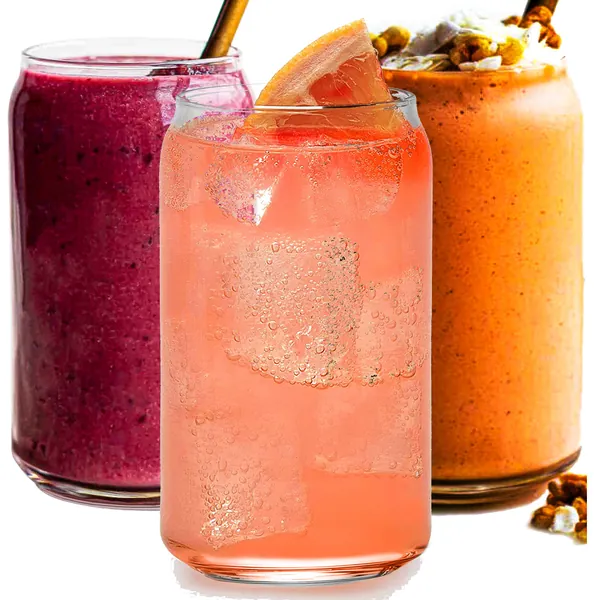 Drinking Glasses 6pc Set - Can Shaped Glass Cups, 16oz Beer Glasses, Tumbler Cup, Cocktail Glasses, Whiskey Glasses, Iced Coffee Glasses, Iced Tea Glasses, Wine Cups, Water Glasses, Kiddush cups. - 