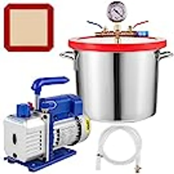 Bestauto 2 Gallon Vacuum Degassing Chamber Stainless Steel Degassing Chamber 7.5L Vacuum Chamber with 5 CFM 1/3HP Single Stage Pump Kit(2 Gallon Vacuum Chamber+ 5CFM Pump)