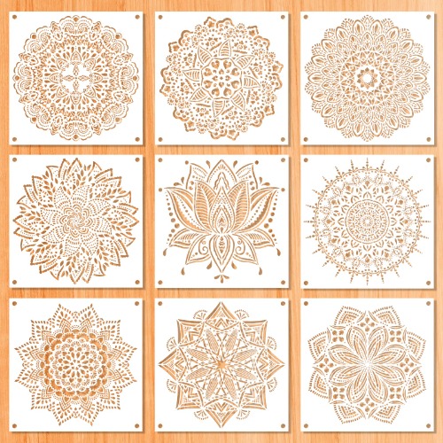 Mandala stencil, 9 stycken stora mandala stencils, väggmall 30,5 x 30,5 cm, återanvändbar målningsmall, tillbehör för vägg, kakel, segelduk