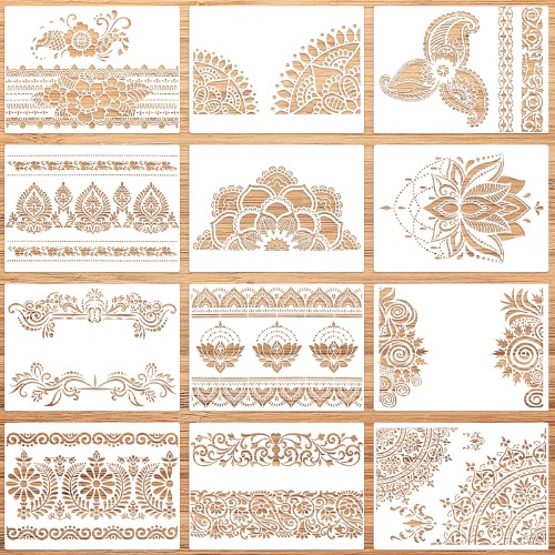 Blomma gräns stenciler, pomeloone 12 stycken mandala mallar, stenciler kakel stenciler set för konst och hantverk återanvändbara, stenciler för målning på vägg trä golv möbler heminredning