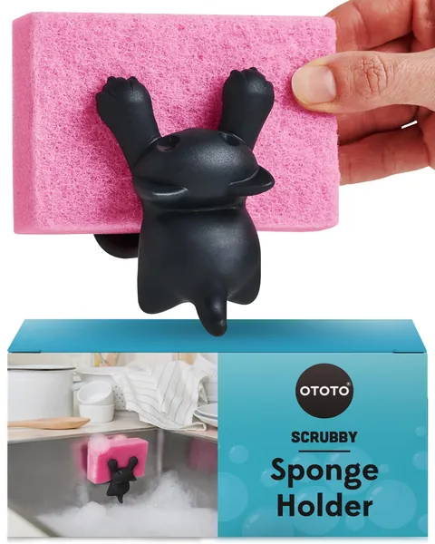 OTOTO Scrubby Svamphållare för diskbänk – grå katt kök svamphållare – diskmaskinssäker disksvamp organisatör – rostfri – 9,9 x 7,9 x 9,9 cm