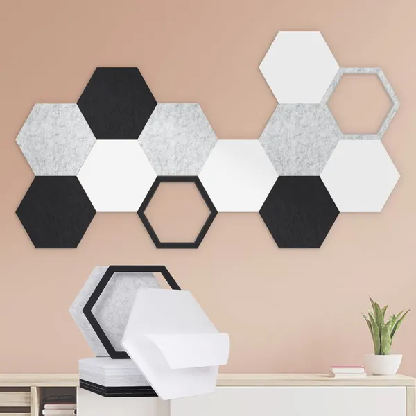 12 Pack Self-adhesive Acoustic Panels, Hexagon Sound Dampening Panels, 14 X 12 X 0.4 In Sound Proof Panels for Walls, High Density Flame Resistant Sound Absording Padding for Recording Studio, Office - Black&White&Grey